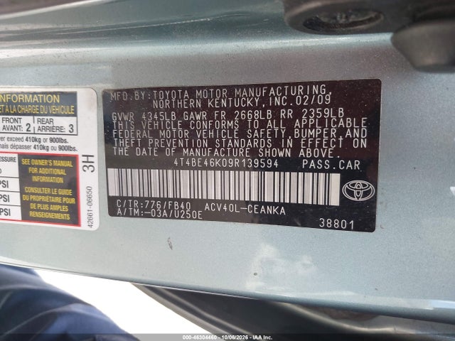 2009 Toyota Camry Le მანქანა იყიდება აუქციონზე, vin: 4T4BE46K09R139594, აუქციონის ნომერი: 46304460