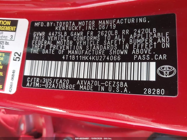 4T1B11HK4KU274066 Toyota CAMRY SE
