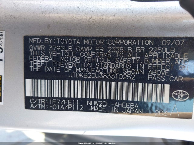 Aukcja sprzedaży 2008 Toyota Prius, vin: JTDKB20U383310252, numer aukcji: 46304493