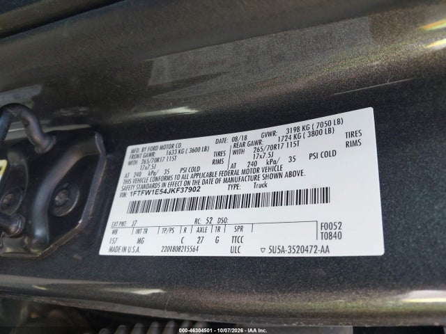 Продаж на аукціоні авто 2018 Ford F-150 Xlt, vin: 1FTFW1E54JKF37902, номер лоту: 46304501
