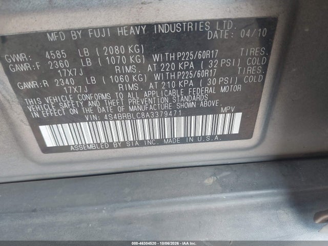 2010 Subaru Outback 2.5i Limited მანქანა იყიდება აუქციონზე, vin: 4S4BRBLC8A3379471, აუქციონის ნომერი: 46304520