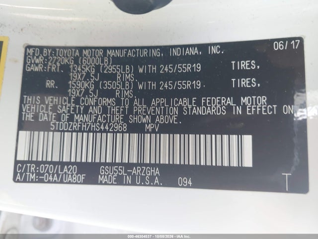 Aukcja sprzedaży 2017 Toyota Highlander Limited, vin: 5TDDZRFH7HS442968, numer aukcji: 46304537