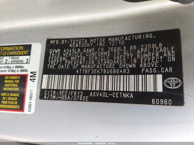Aukcja sprzedaży 2011 Toyota Camry Le, vin: 4T1BF3EK7BU686483, numer aukcji: 46304560