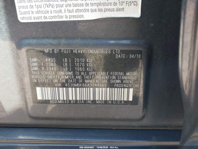 46304567 :رقم المزاد ، 4S3BMBK66A3244665 vin ، 2010 Subaru Legacy 2.5i Limited مزاد بيع