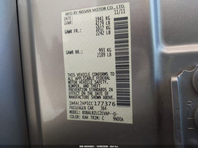 Продажа на аукционе авто 2012 Nissan Altima 2.5 S, vin: 1N4AL2AP1CC177376, номер лота: 46304581