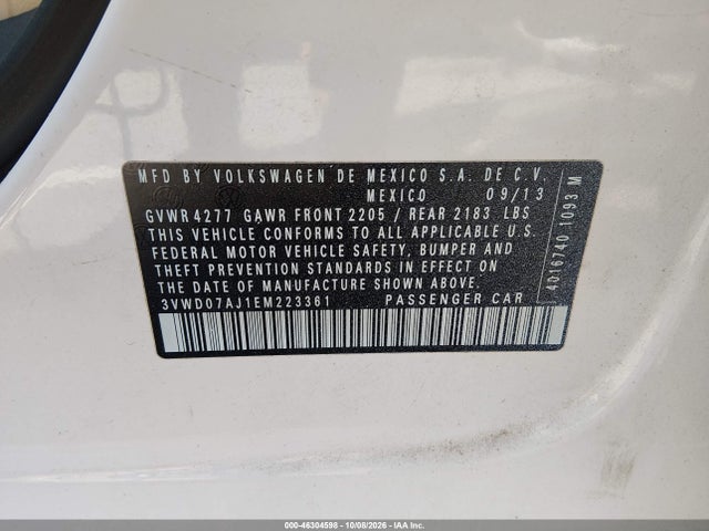 2014 Volkswagen Jetta 1.8t Se მანქანა იყიდება აუქციონზე, vin: 3VWD07AJ1EM223361, აუქციონის ნომერი: 46304598