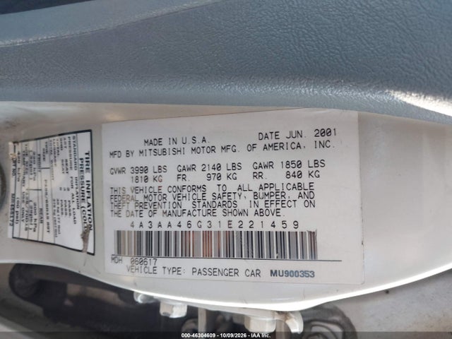 46304609 :رقم المزاد ، 4A3AA46G31E221459 vin ، 2001 Mitsubishi Galant Es مزاد بيع
