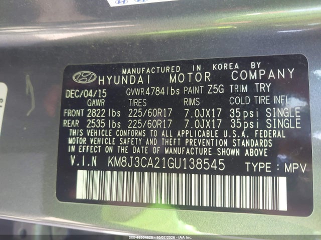 46304620 :رقم المزاد ، KM8J3CA21GU138545 vin ، 2016 Hyundai Tucson Eco مزاد بيع