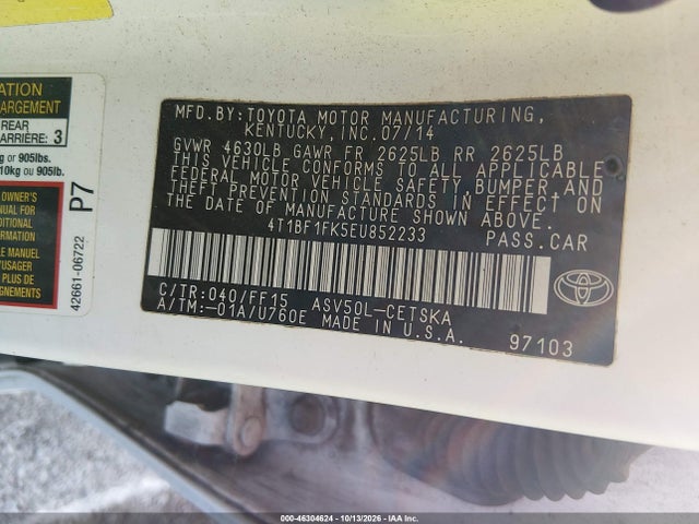 46304624 :رقم المزاد ، 4T1BF1FK5EU852233 vin ، 2014 Toyota Camry Se مزاد بيع
