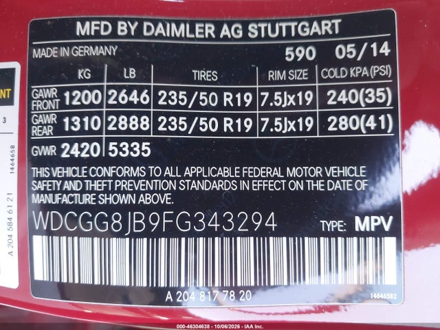 WDCGG8JB9FG343294 Mercedes-Benz Glk 350 4matic