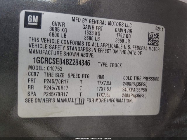Aukcja sprzedaży 2011 Chevrolet Silverado 1500 Lt, vin: 1GCRCSE04BZ284346, numer aukcji: 46304687