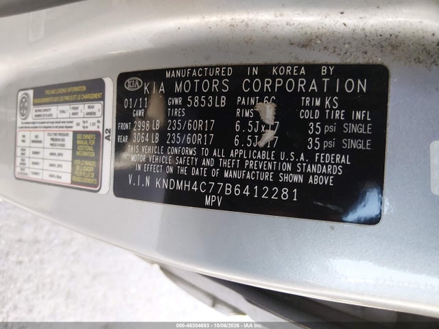 Aukcja sprzedaży 2011 Kia Sedona Ex, vin: KNDMH4C77B6412281, numer aukcji: 46304693
