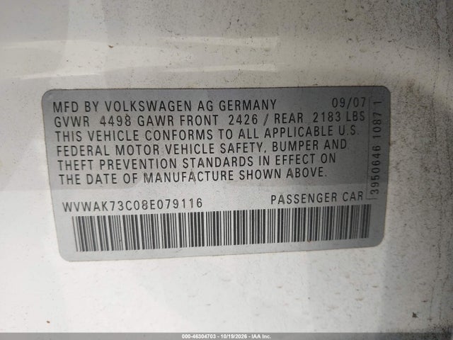 Продажа на аукционе авто 2008 Volkswagen Passat Komfort, vin: WVWAK73C08E079116, номер лота: 46304703