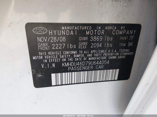 Продаж на аукціоні авто 2009 Hyundai Elantra Gls, vin: KMHDU46D79U644054, номер лоту: 46304722
