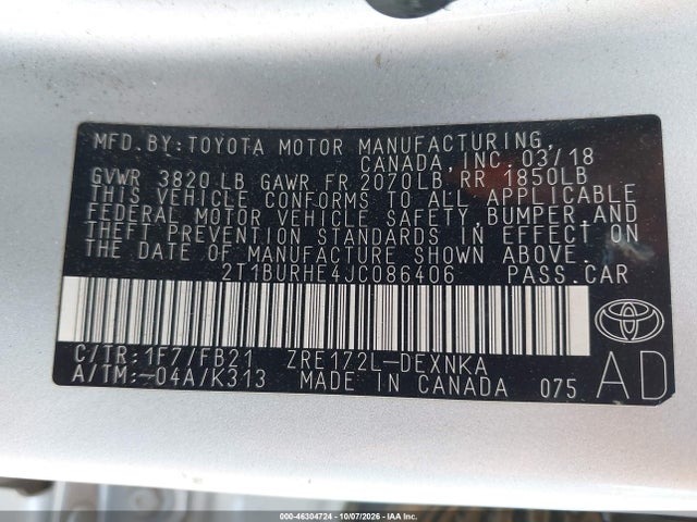 46304724 :رقم المزاد ، 2T1BURHE4JC086406 vin ، 2018 Toyota Corolla Le مزاد بيع
