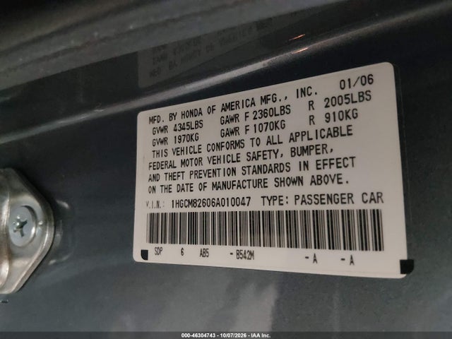 46304743 :رقم المزاد ، 1HGCM82606A010047 vin ، 2006 Honda Accord 3.0 Ex مزاد بيع