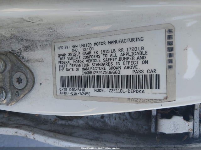 46304751 :رقم المزاد ، 1NXBR12E21Z506660 vin ، 2001 Toyota Corolla Le مزاد بيع