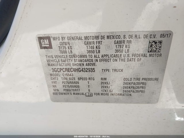 Продажа на аукционе авто 2017 Chevrolet Silverado 1500 1lt, vin: 3GCPCREC4HG432935, номер лота: 46304759