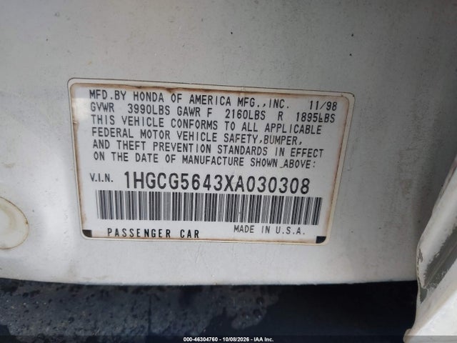 Продаж на аукціоні авто 1999 Honda Accord Lx, vin: 1HGCG5643XA030308, номер лоту: 46304760