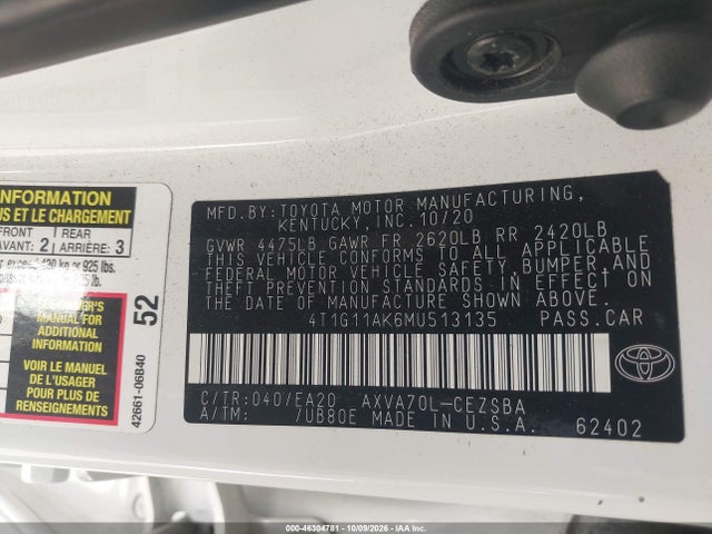 Продажа на аукционе авто 2021 Toyota Camry Se, vin: 4T1G11AK6MU513135, номер лота: 46304781