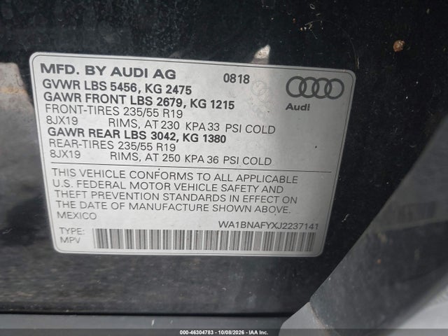 Aukcja sprzedaży 2018 Audi Q5 2.0t Premium/2.0t Tech Premium, vin: WA1BNAFYXJ2237141, numer aukcji: 46304783