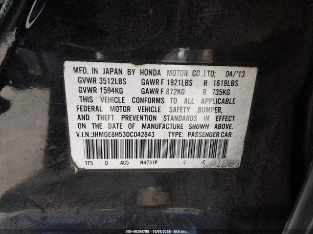 Продаж на аукціоні авто 2013 Honda Fit Sport, vin: JHMGE8H53DC042843, номер лоту: 46304789