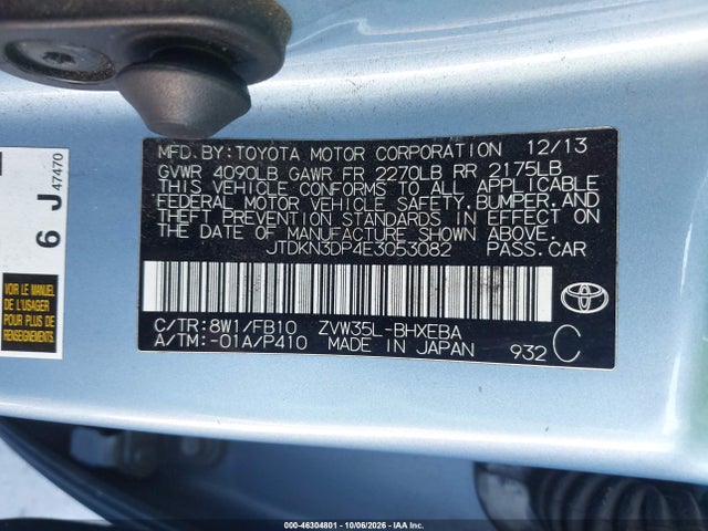 Продажа на аукционе авто 2014 Toyota Prius Plug-in, vin: JTDKN3DP4E3053082, номер лота: 46304801