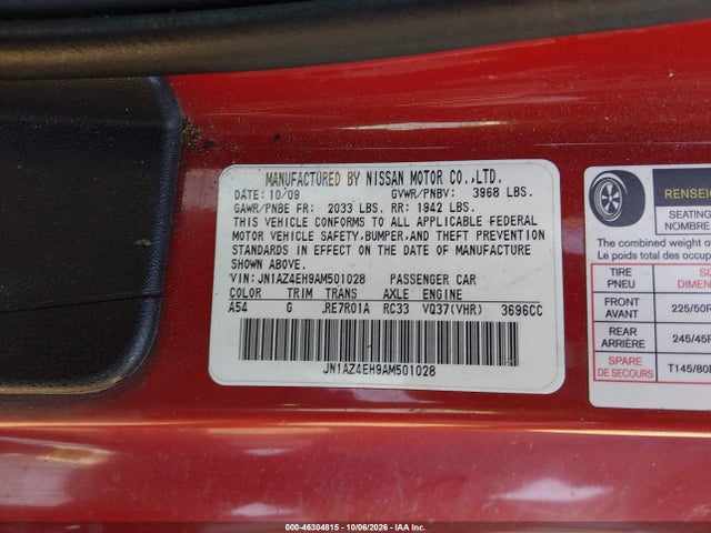 46304815 :رقم المزاد ، JN1AZ4EH9AM501028 vin ، 2010 Nissan 370z مزاد بيع