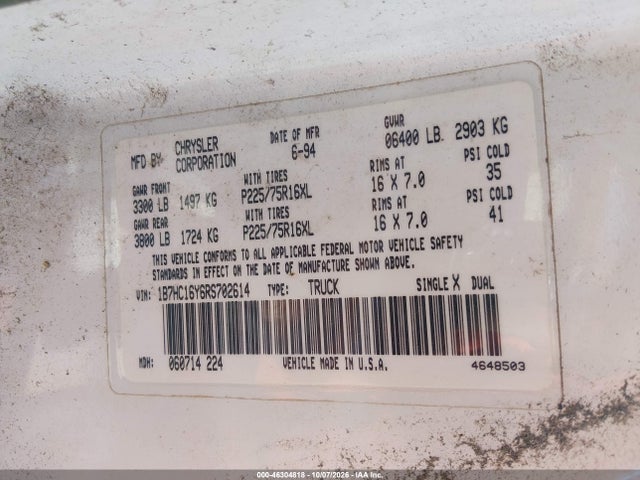 Auction sale of the 1994 Dodge Ram 1500, vin: 1B7HC16Y6RS702614, lot number: 46304818