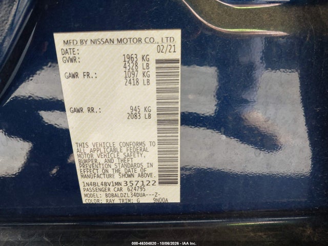 Продаж на аукціоні авто 2021 Nissan Altima S Fwd, vin: 1N4BL4BV1MN357122, номер лоту: 46304820