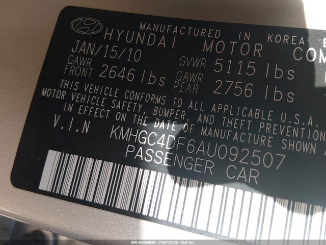 Aukcja sprzedaży 2010 Hyundai Genesis 4.6, vin: KMHGC4DF6AU092507, numer aukcji: 46304828