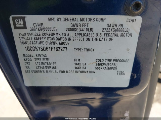 Продаж на аукціоні авто 2001 Chevrolet Silverado 1500hd Ls, vin: 1GCGK13U61F163277, номер лоту: 46304855