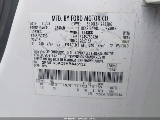 Продажа на аукционе авто 2010 Ford Edge Limited, vin: 2FMDK3KC9ABA45132, номер лота: 46304934