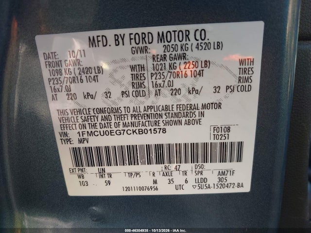 Продаж на аукціоні авто 2012 Ford Escape Limited, vin: 1FMCU0EG7CKB01578, номер лоту: 46304938