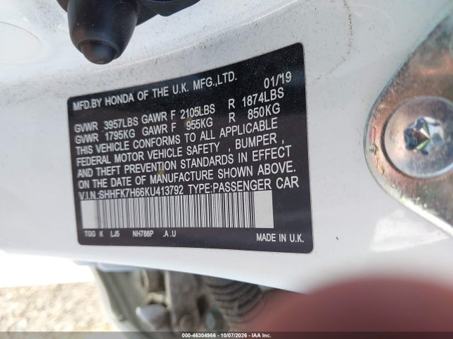 Продажа на аукционе авто 2019 Honda Civic Ex, vin: SHHFK7H66KU413792, номер лота: 46304966
