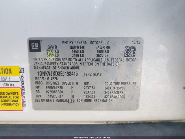 46304979 :رقم المزاد ، 1GNKVJKD3EJ193415 vin ، 2014 Chevrolet Traverse Ltz مزاد بيع