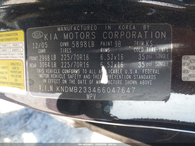 Продажа на аукционе авто 2006 Kia Sedona Ex/lx, vin: KNDMB233466047647, номер лота: 46304983