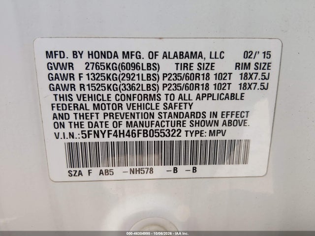 46304995 :رقم المزاد ، 5FNYF4H46FB055322 vin ، 2015 Honda Pilot Ex مزاد بيع