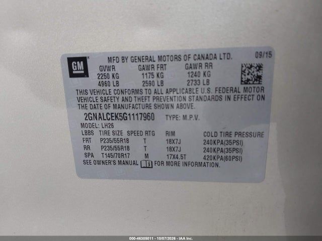 Aukcja sprzedaży 2016 Chevrolet Equinox Lt, vin: 2GNALCEK5G1117960, numer aukcji: 46305011