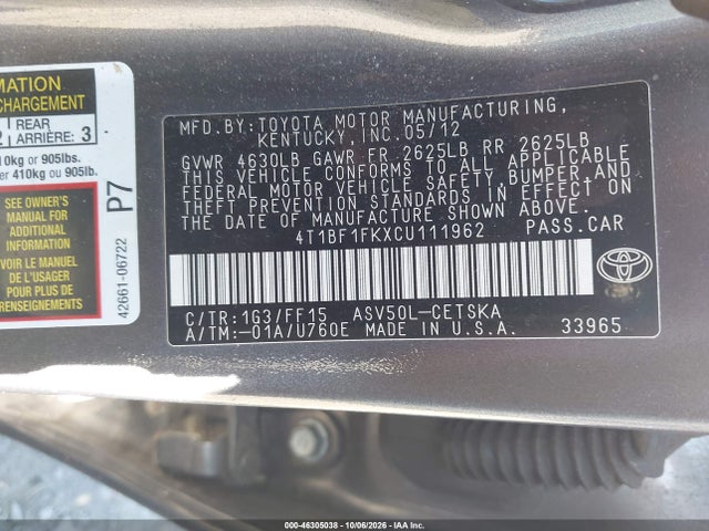 Продаж на аукціоні авто 2012 Toyota Camry Se, vin: 4T1BF1FKXCU111962, номер лоту: 46305038