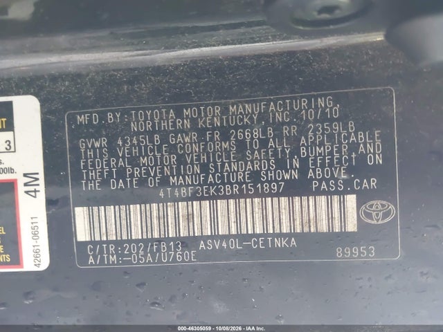 2011 Toyota Camry მანქანა იყიდება აუქციონზე, vin: 4T4BF3EK3BR151897, აუქციონის ნომერი: 46305059