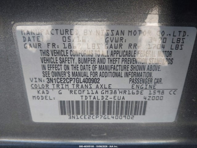 46305108 :رقم المزاد ، 3N1CE2CP7GL400902 vin ، 2016 Nissan Versa Note S (sr)/s Plus/sl/sr/sv مزاد بيع