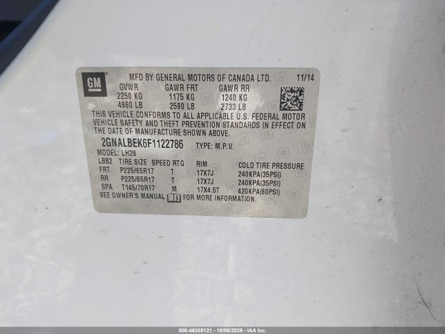 46305121 :رقم المزاد ، 2GNALBEK6F1122786 vin ، 2015 Chevrolet Equinox 1lt مزاد بيع
