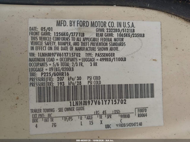 Продаж на аукціоні авто 2001 Lincoln Continental, vin: 1LNHM97V61Y715702, номер лоту: 46305125