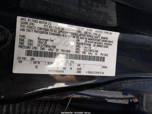 46305149 :رقم المزاد ، 1FADP3K24DL160681 vin ، 2013 Ford Focus Se مزاد بيع
