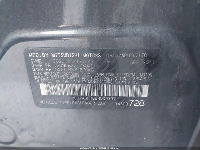 46305154 :رقم المزاد ، ML32A3HJ8EH009397 vin ، 2014 Mitsubishi Mirage De مزاد بيع