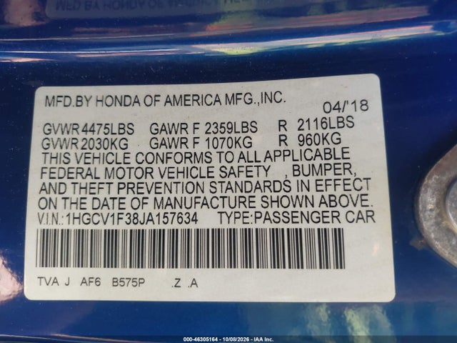Aukcja sprzedaży 2018 Honda Accord Sport, vin: 1HGCV1F38JA157634, numer aukcji: 46305164