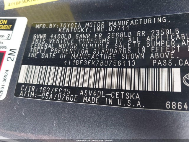 46305175 :رقم المزاد ، 4T1BF3EK7BU756113 vin ، 2011 Toyota Camry Se مزاد بيع