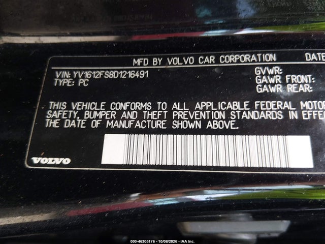 46305176 :رقم المزاد ، YV1612FS8D1216491 vin ، 2013 Volvo S60 T5 مزاد بيع