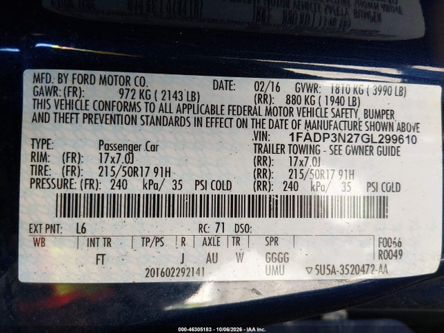 46305183 :رقم المزاد ، 1FADP3N27GL299610 vin ، 2016 Ford Focus Titanium مزاد بيع